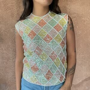 Vintage Multicolor Pastel Sequin Sleeveless Top – Diamond Pattern